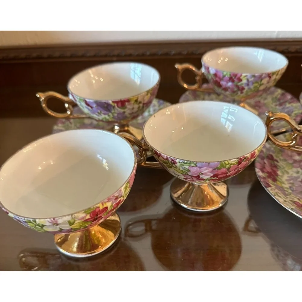 Set of 9 Vintage Fancy China Teacups & Saucers Flower Floral Pattern‎